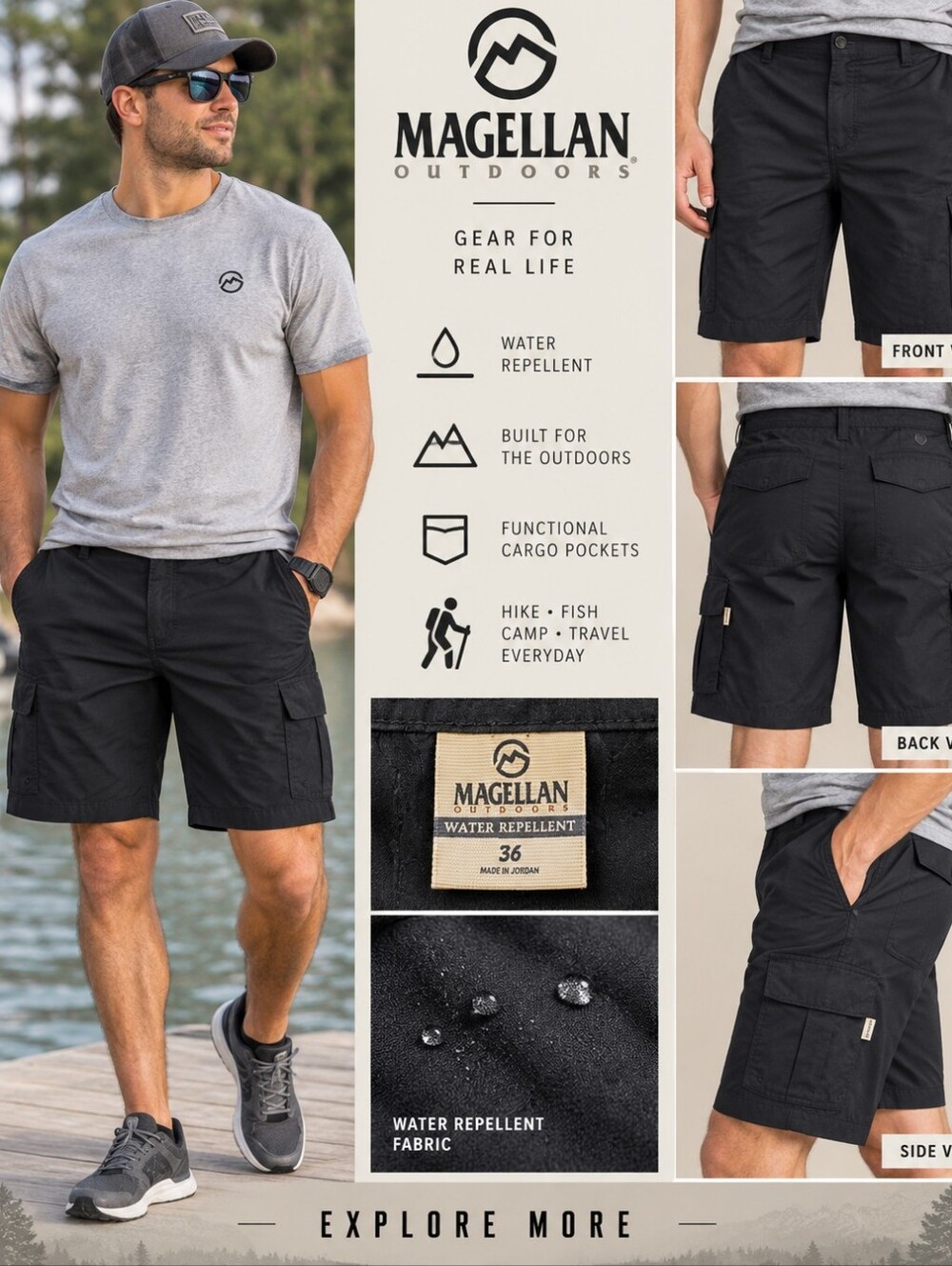 NWT Magellan Outdoors Men’s Size 36 Black Water Repellent Cargo Shorts